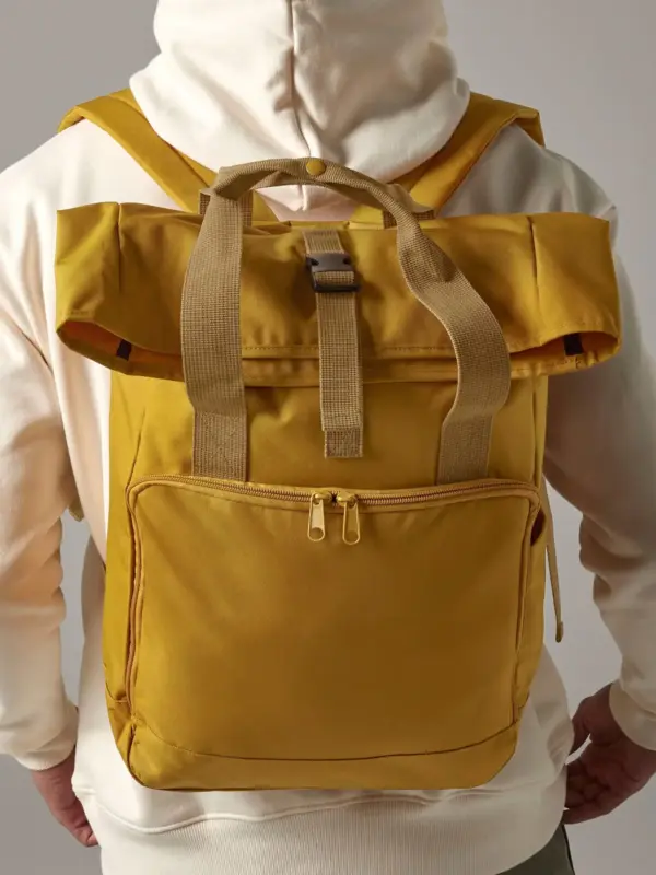 recycled twin handle roll top laptop backpack