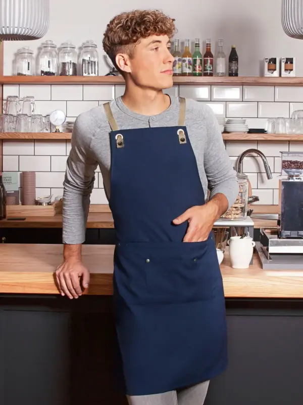 bib apron with crossed ribbons and big pocket