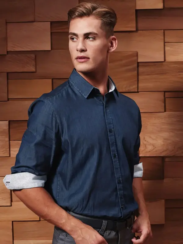 men’s denim pindot long sleeve shirt