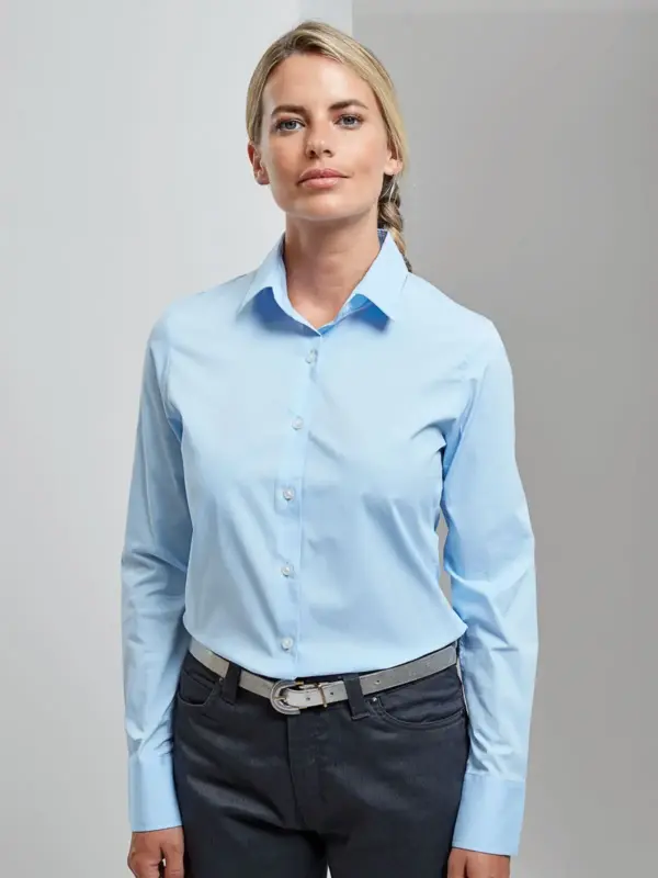 ladies’â stretch fitcotton poplin long sleev shirtt