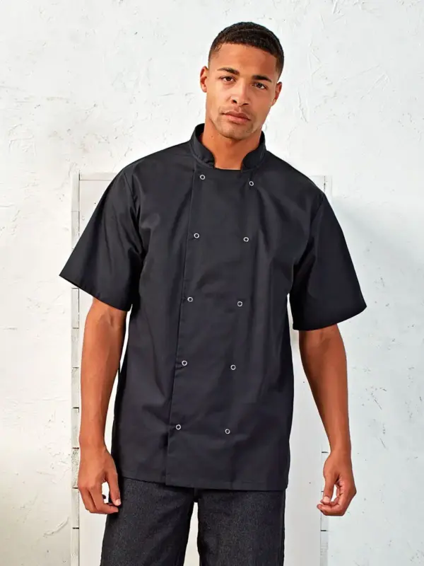 studded front shorts sleeve chef’s jacket
