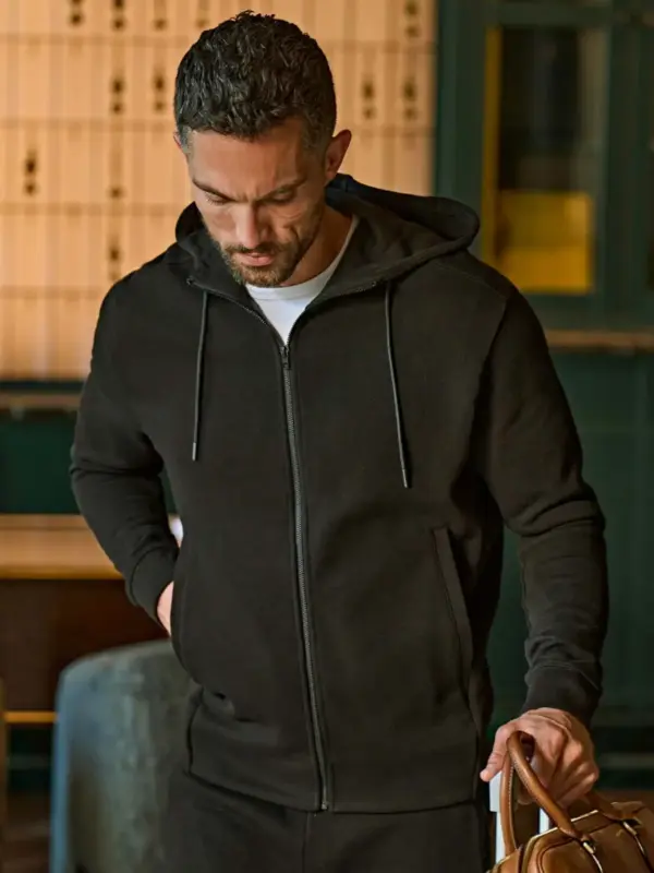 ribbed interlock hooded full zip