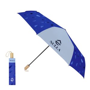 ombrello pieghevole 3 sezioni, 8 falde, 21″, 96 cm di diametro. rpet. manuale, antivento, stecche e asta in metallo.